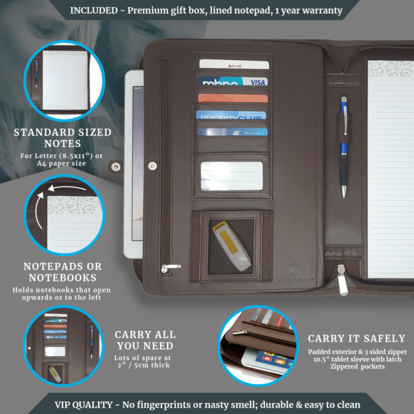 Leather Zippered Business Portfolio Folder - Dark Brown (10.5" Tablet Sleeve) - Image 3