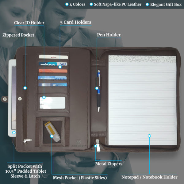 Leather Zippered Business Portfolio Folder - Dark Brown (10.5" Tablet Sleeve) - Image 4