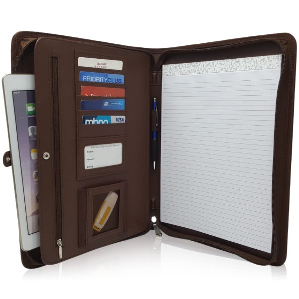 Leather Zippered Business Portfolio Folder - Dark Brown (10.5" Tablet Sleeve)